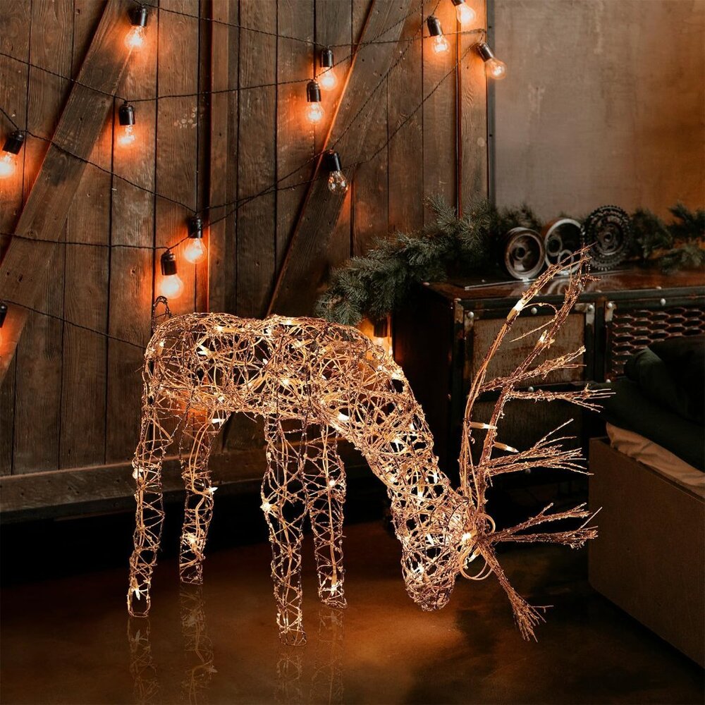24"H Outdoor Rattan Grazing Reindeer Lawn Decoration with White Lights